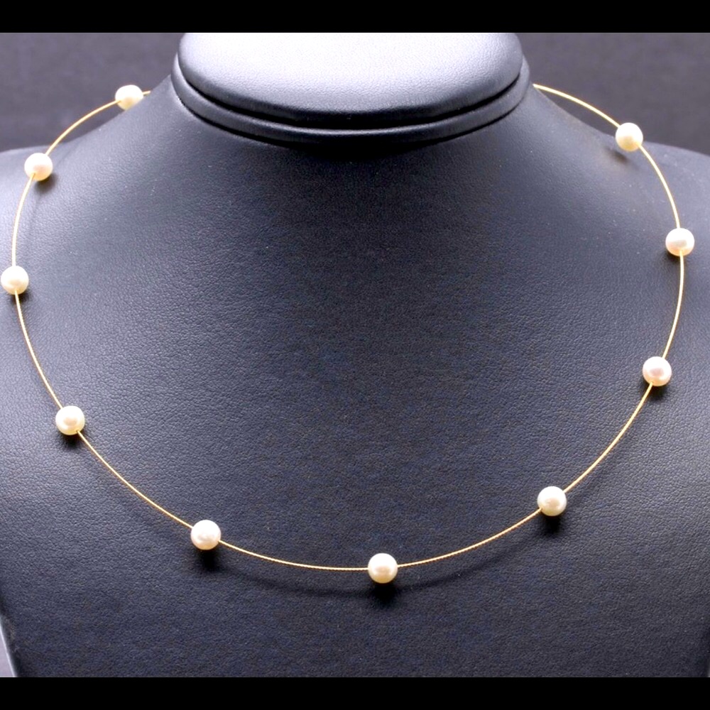 Real 14k Yellow Gold Wire Of Floating Fresh Water Pearl Station Necklace